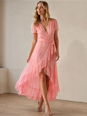 Wayf Blush Pink Chiffon Wrap High-Low Ruffle Romantic Midi Dress Size Medium